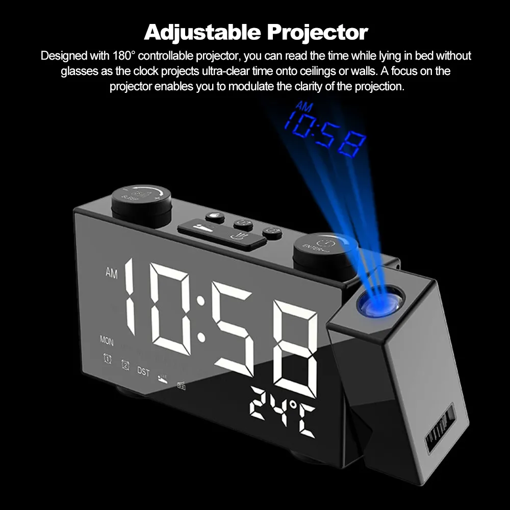 Orologio digitale Doppia sveglia con funzione snooze USB 4 Regolazione della luminosità Orologio a LED Proiettore Radio a proiezione FM da 6 pollici LJ201204