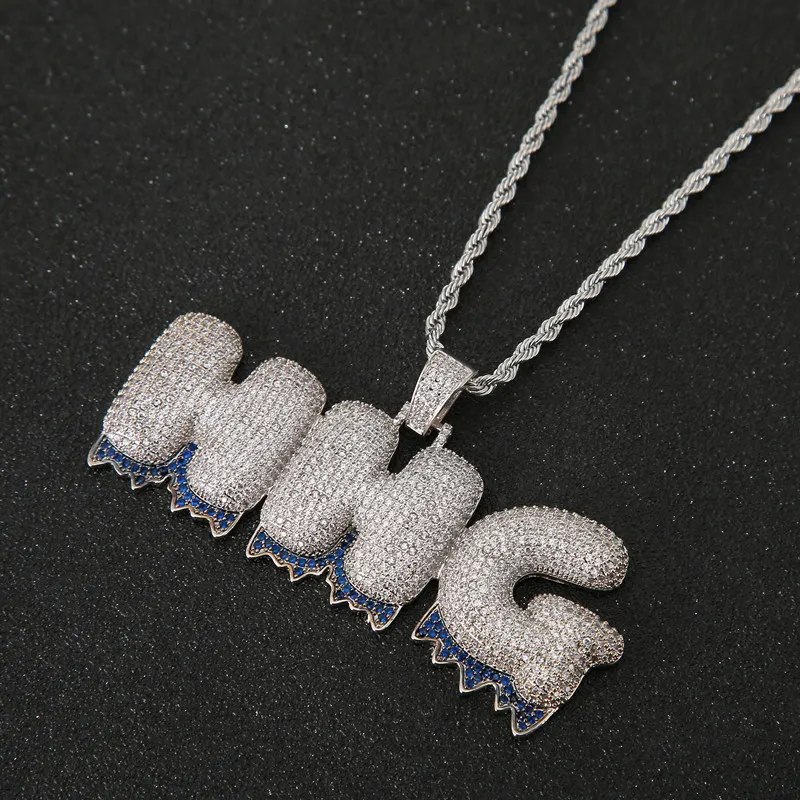 Aangepaste naam blauwe onderste letters ketting hanger goud zilver hip hop sieraden met touw chain337j