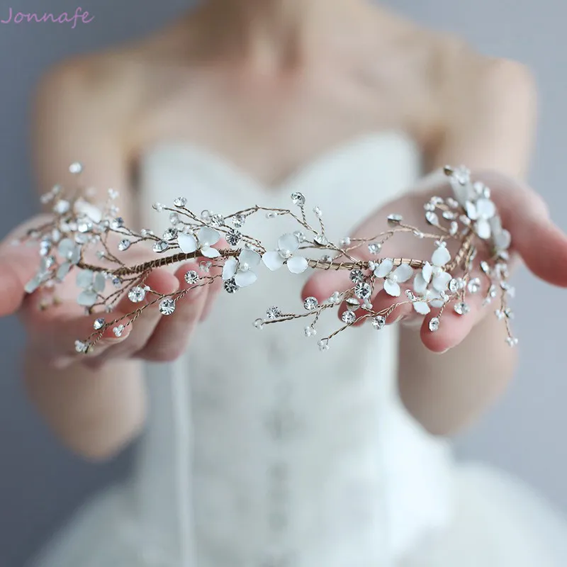 Handmade White Floral Bridal Hair Vine Headband Rhinestone Wedding Accessories Hair Piece Women Party Prom Headpiece J0113