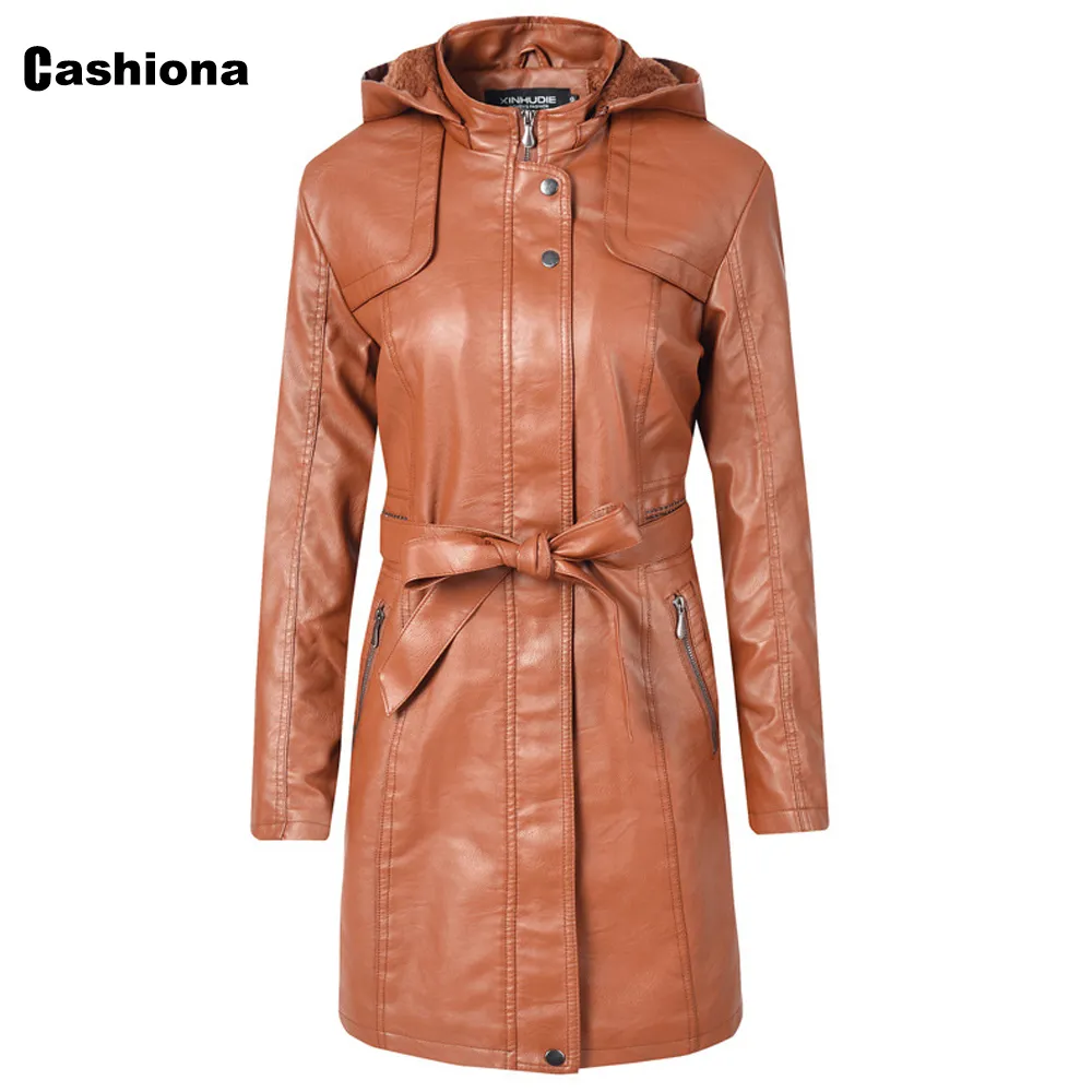 Cashiona 2020 New Faux Pu Cuir Long Vestes Femmes Automne À Capuche Survêtement Zipper Manteaux D'hiver Mince Veste Hoodies Plus Velours LJ201012