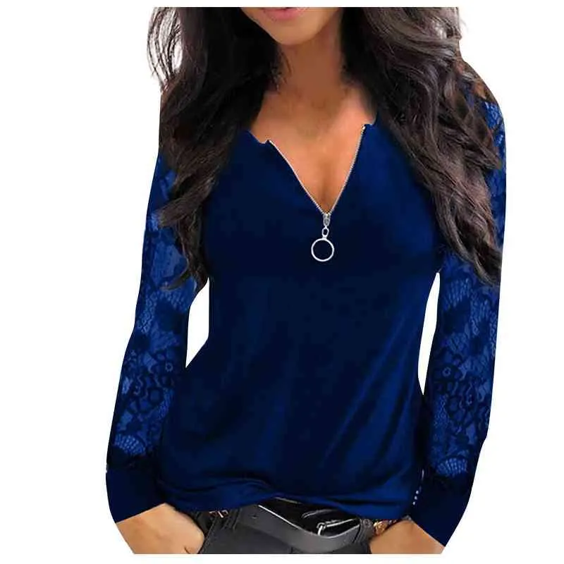 Мода кружевной сетчатой ​​блузкой рубашка свободная сексуальная молния V-образным вырезом зима повседневная дама топы женские женщины с длинным рукавом Blusas Pullover H1230