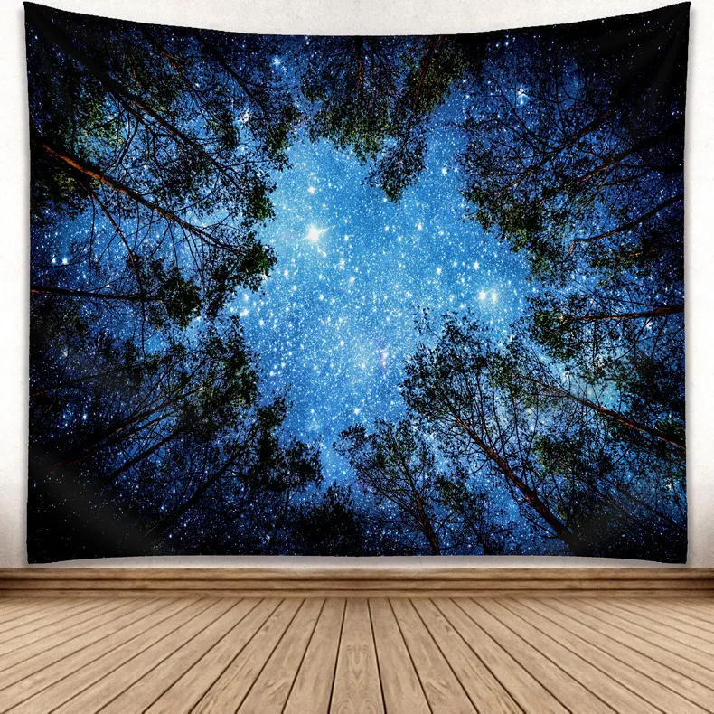 Sky Woods Forêt Paysage Tapisserie Tenture Lune Univers Rideau Décor Ciel Étoilé Table Tissu Couverture De Lit Couverture De Plage T200601