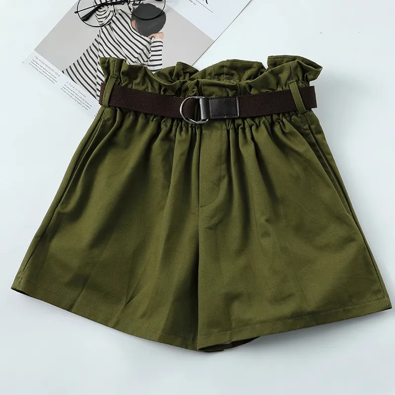 Coréen simple solide Shorts d'été avec ceinture 2020 lâche taille haute Slim lâche vert Shorts femmes noir Paperbag Shorts T200701