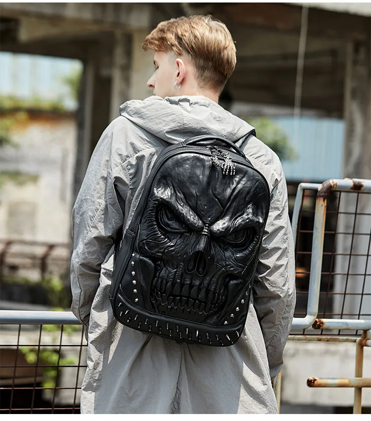 new 3D Embossed Skull Backpack bags for Men unique Originality man Bag rivet personality Cool Rock Laptop Schoolbag For Teenagers 231v