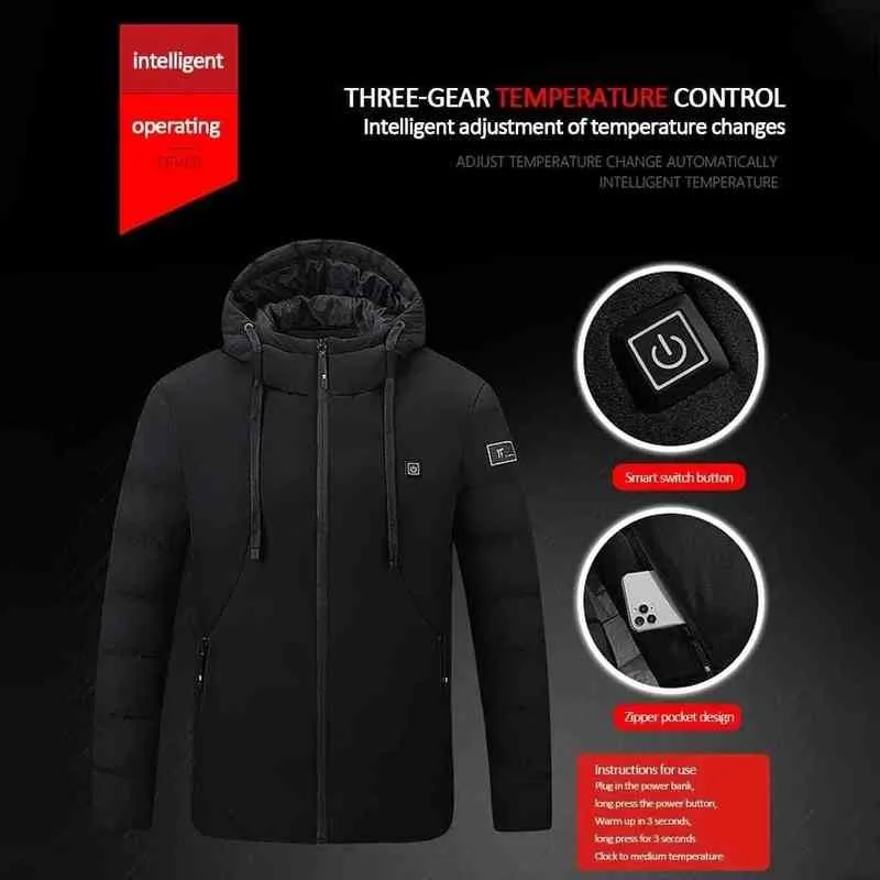 Män kvinnor USB Smart Electric uppvärmd jacka Cotton Coat Winter Thicken Down Hooded Outdoor vandringsskidkläder 4 Värmejacka 220124