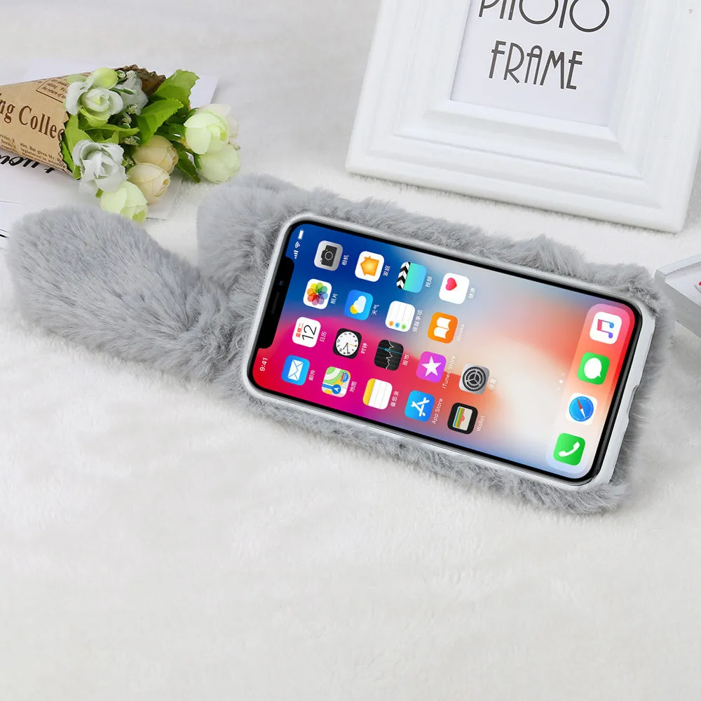Bunny Rabbit Fur Plush Fuzzy Fluffy Soft Cases for iPhone14promax 14PRO 14plus 14 13promax 13pro 13 12 11 Pro MAX XR Faux Wool Luxury Bling Diamond Case