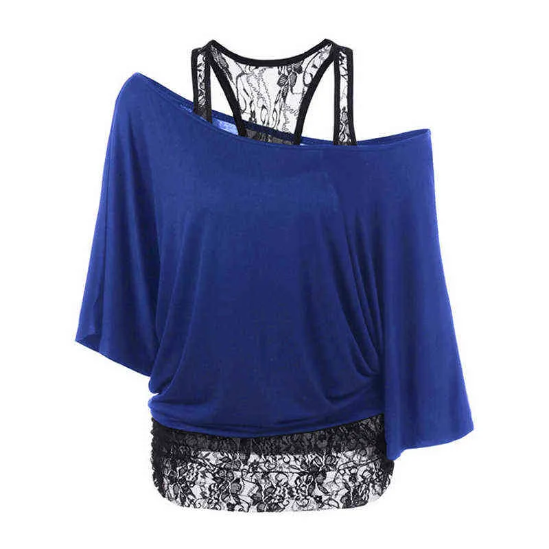 BigSweety Vår Höst Kvinnor Tshirt Mode Lace Patchwork Basic t-tröjor Casual Loose T Shirts Batwing Sleeve Tops Femme G220228