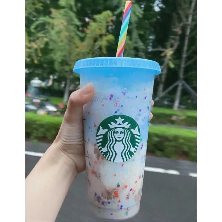 Bicchiere Starbucks Bicchiere Confetti che cambia colore Bicchiere riutilizzabile in plastica con cannuccia con cannuccia ml