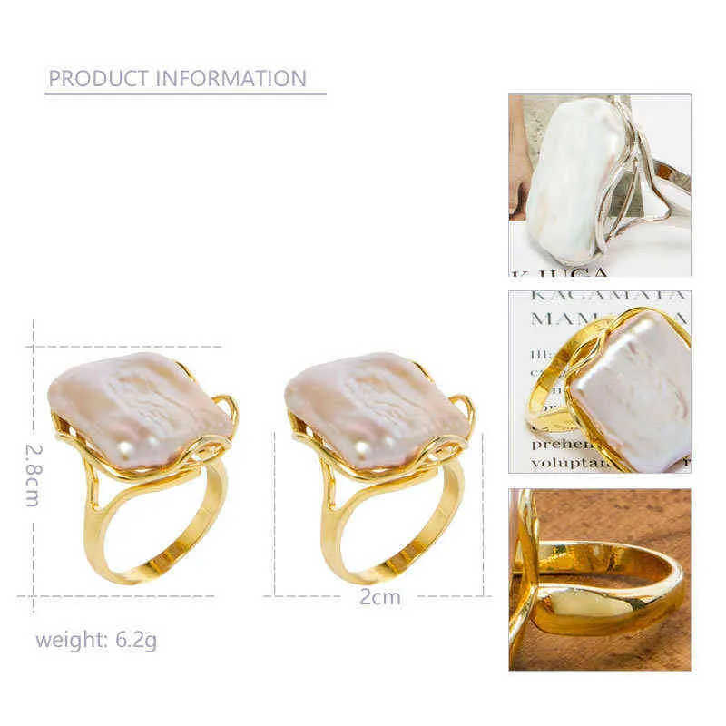 BarrocoOnly Anillo de perlas barrocas naturales de agua dulce estilo retro 14K notas oro estilo retro anillo cuadrado de forma irregular RFB 2202098508474