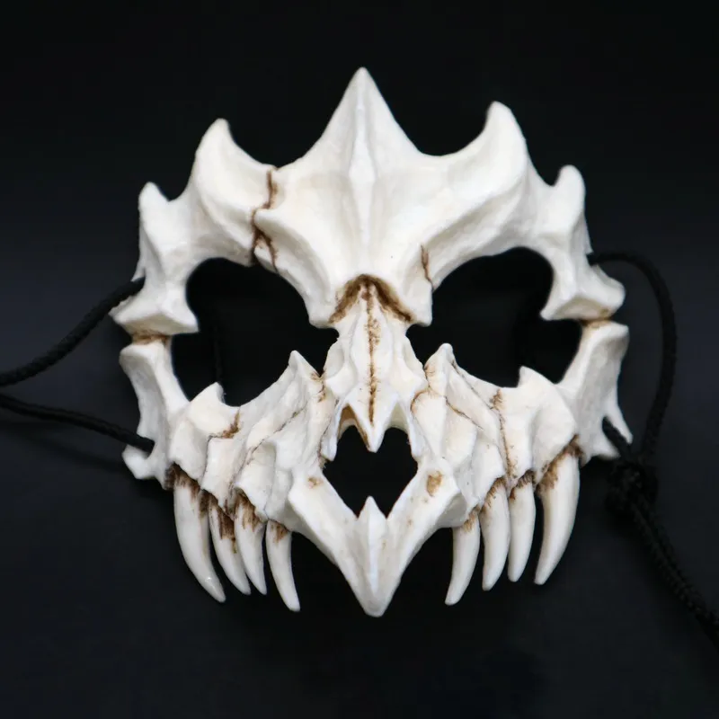 Half animal masque de dents long dents démon samurai masque d'os blanc Tengu dragon yaksa tigre résine masque cosplay t2005092435912