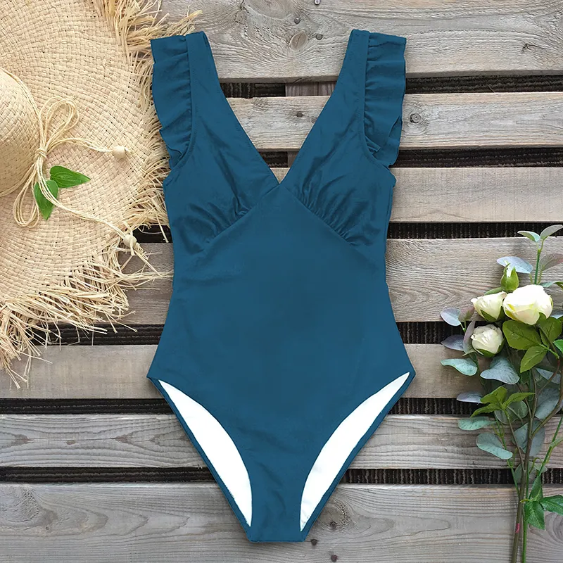 2020 Sexy Green Teal Plunging Solid Swimwear Women Swimsuit Ruffle Ruched Monokini Girl Beach Wear Bathing Suits S XXL T200708