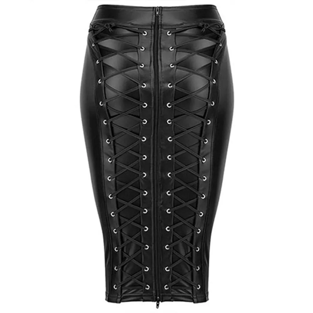 Gothic Wet Look Black Faux Lederen Rok Sexy Punk Back Rits Lace Up Wrap Potlood 2020 Zomer Bodycon Mini S Womens Q0119