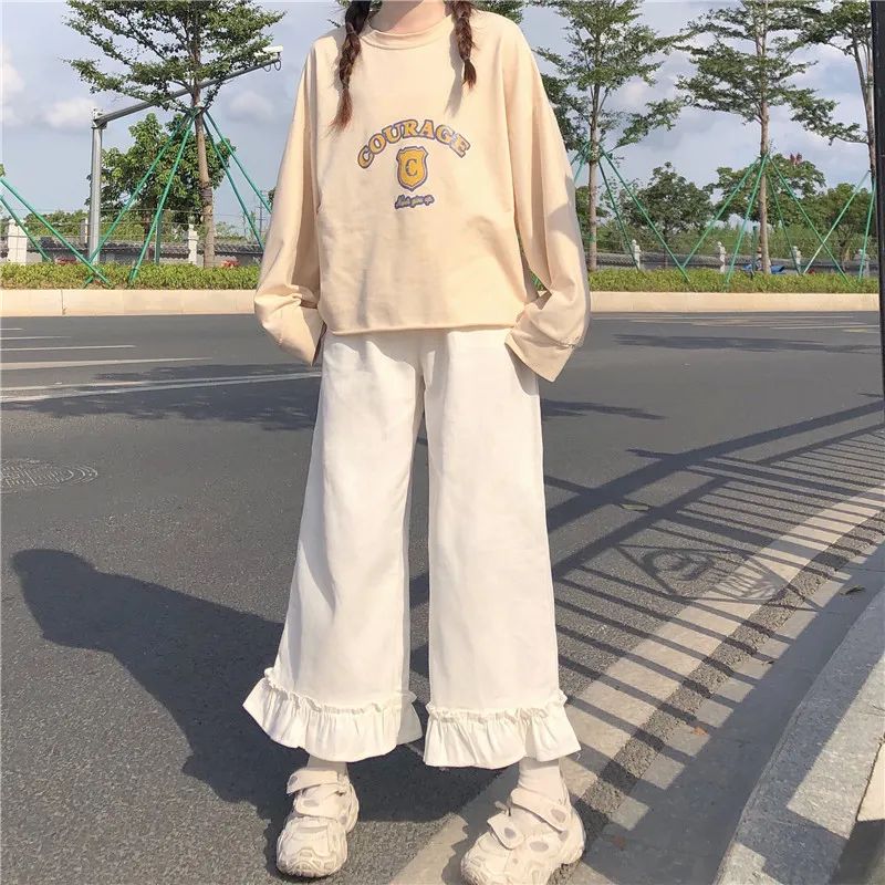 Japanese Kawaii Soft Girl Women Pants Sweet Ruffled Basis Wild High midja Löst byxor Elastic Casual Solid Student Pant 220211