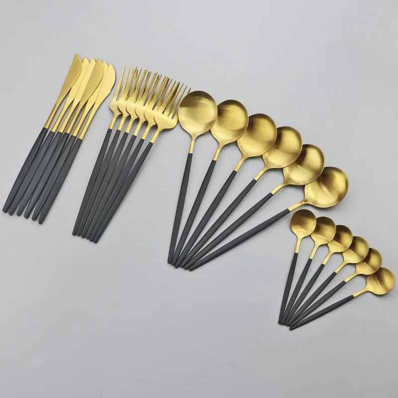 Flatvaruuppsättningar 24st Black Gold Matte Middagsbidrag Set rostfritt stål Tabeller Hem Lnife Fork Spoon Diskmaskin Safe12889