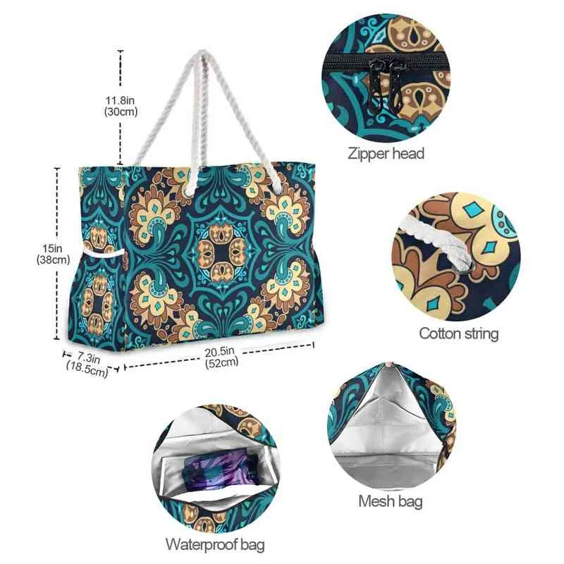 Shopping bags, nylon shoulder bags with Mandala embossed women, shopping bags with creative ropes, large, summer 220310
