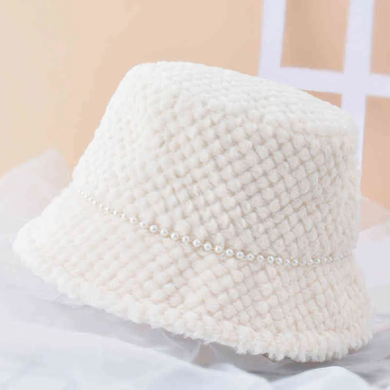2021 nieuwe hoeden voor vrouwen herfst winter emmer hoeden lam pluche zachte warme visser hoed Panama casual caps dame platte koreaanse stijl G220311