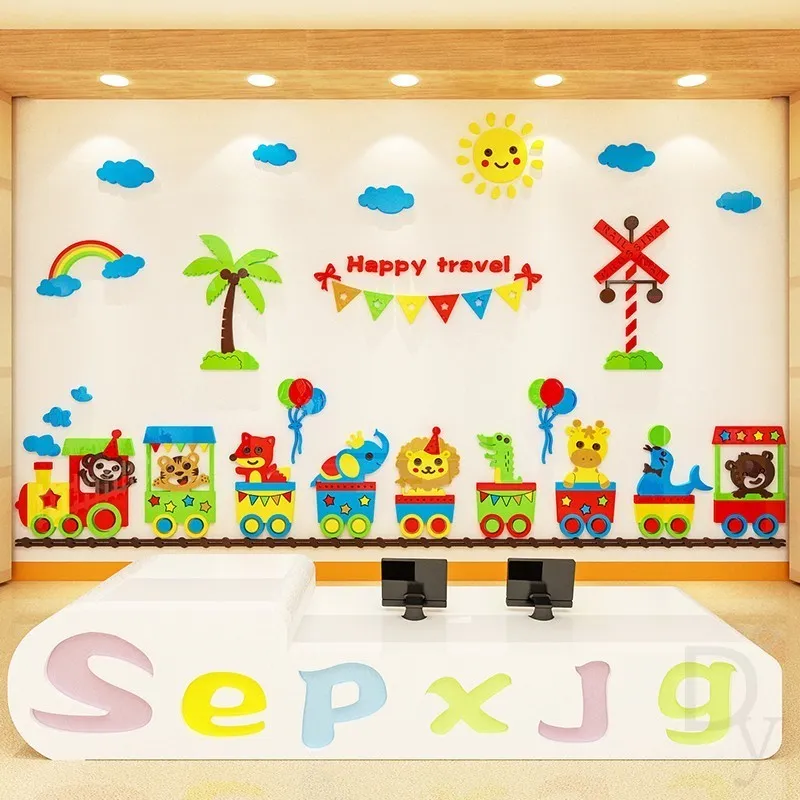 Cartoon trein dieren muurstickers 3D kinderen kamer muur lay-out zelfklevende babykamer kleuterschool decoratie T200421