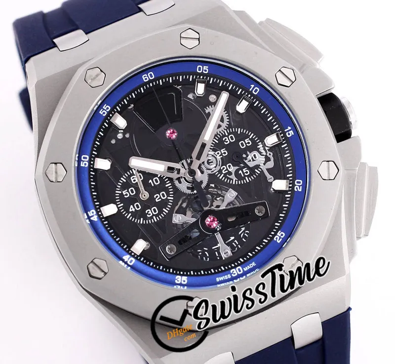26407 Кварцевые мужские часы с хронографом, синий внутренний скелетонизированный циферблат, секундомер, корпус из титановой стали, синие резиновые роскошные часы 2022 SwissTi266H