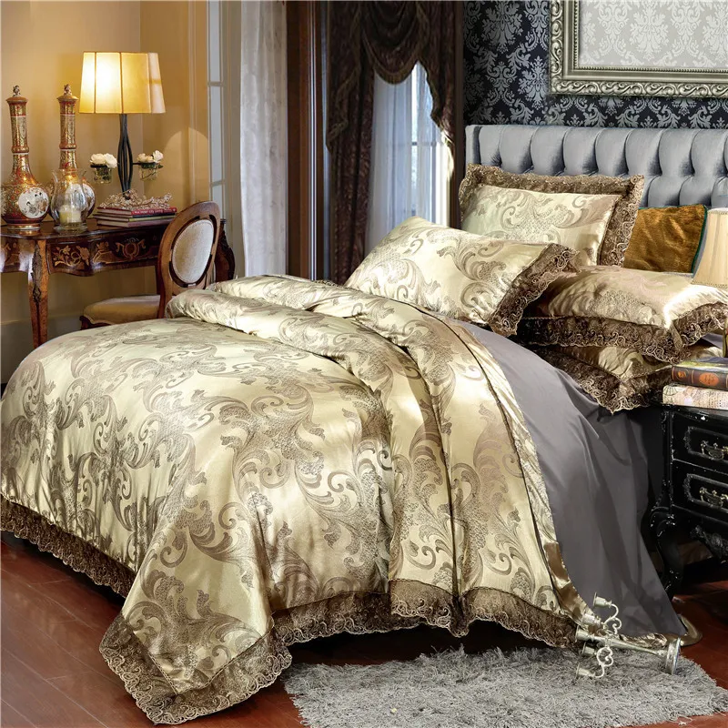 Home textile silver bedding set Jacquard Lace duvet cover set bed linen European bed cover luxury golden flat sheet scallop L7899624