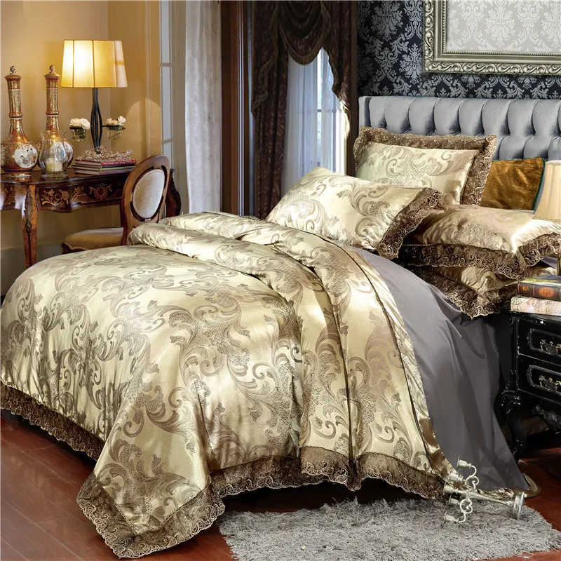 Strona główna Zestaw pościeli tekstylną Jacquard Lace Duvet Zestaw łóżko Linen European łóżko Luksusowe złote płaskie arkusz L7899624