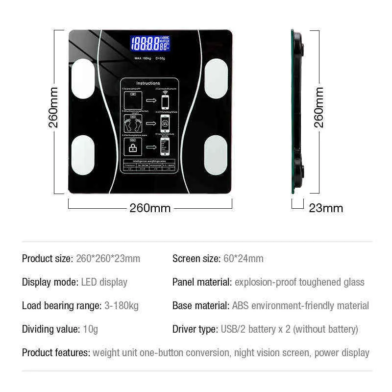 Échelle de graisse corporelle Balances de poids Bluetooth Pesage électronique pour le corps Balances de plancher de poids numérique Écran LCD en verre trempé H1229
