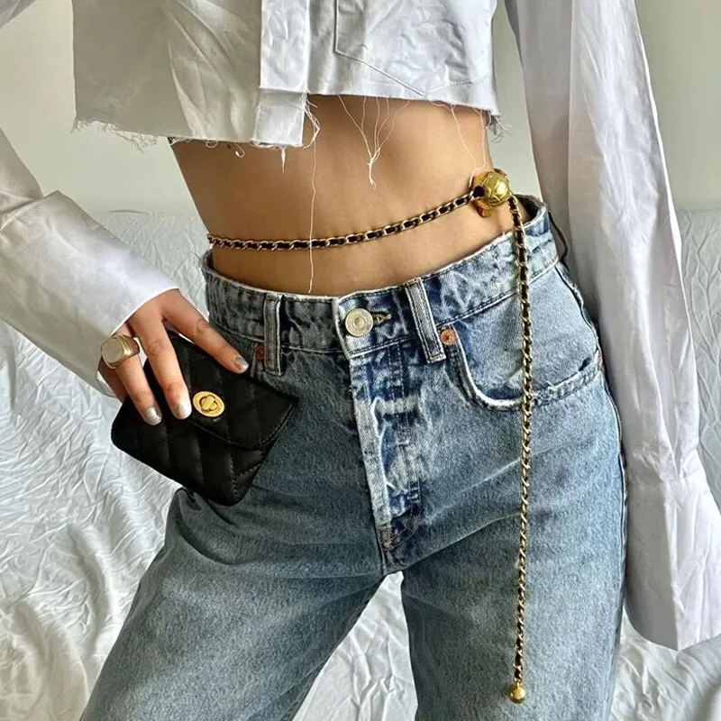 Runway Vintage Belt Necklace Sheepskin Famous Brand Ball Necklace Waistband Decorative Marked Logo Gold Link Chain Waist Chain Belt