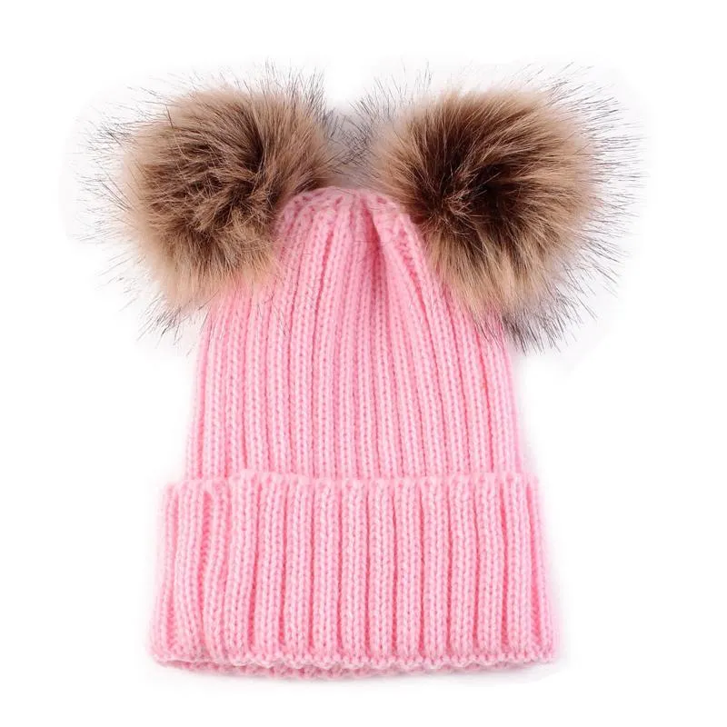 Chapeaux d'hiver tricotés en fourrure à deux pompons pour femmes, Bonnet en fausse fourrure, mignon, en laine, chaud, Gorro Bonnet Femme231J