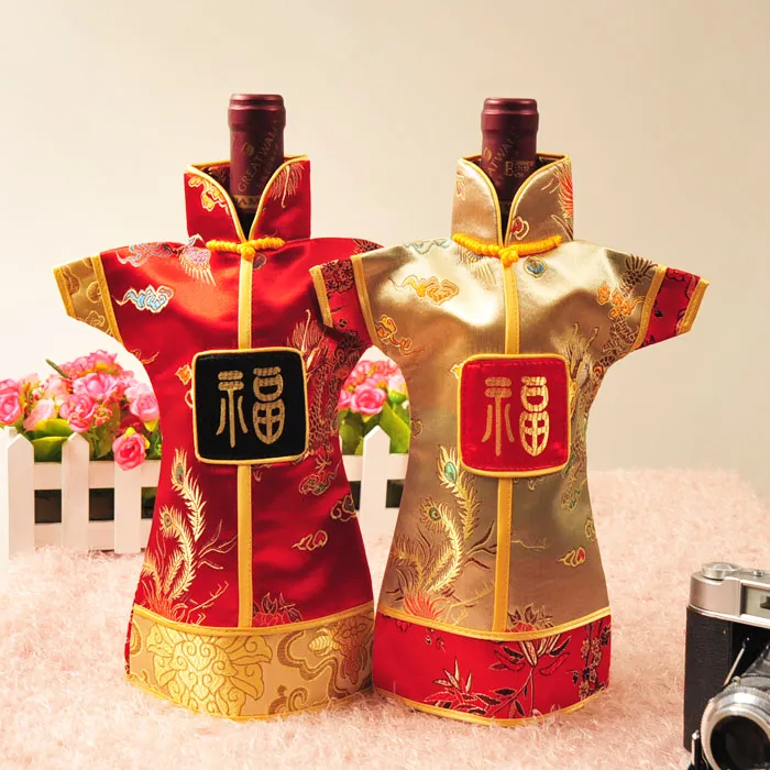 Antieke Chinese stijl Wijnfleshoes Kersttas Tafeldecoratie Zijdebrokaat Stof Rode Wijnzak Fleszakje geschikt voor 750 ml 1001708