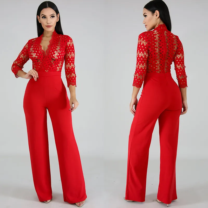 Long Sleeve Sexy Women Culotte Jumpsuit One Piece Elegant Party Evening Cocktail Wedding Wide Leg Romper Lace Hollow Out White Y208979589