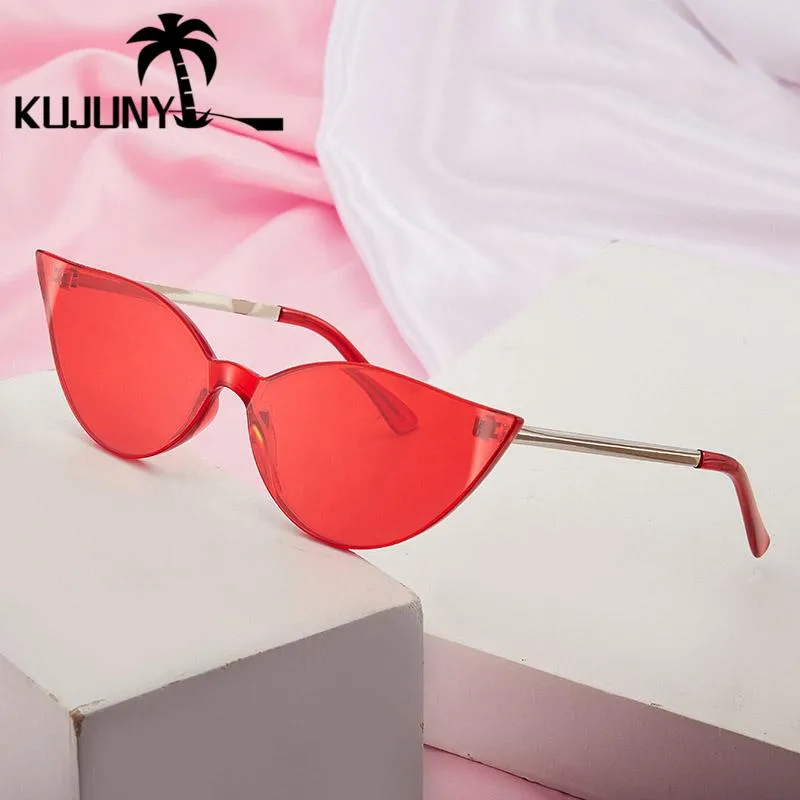 Solglasögon Kujuny Rimless Cat Eye Women Brand Designer Sun Glasses Ladies Frameless Cateye Eyewears Metal Temple Eyeglasses315c