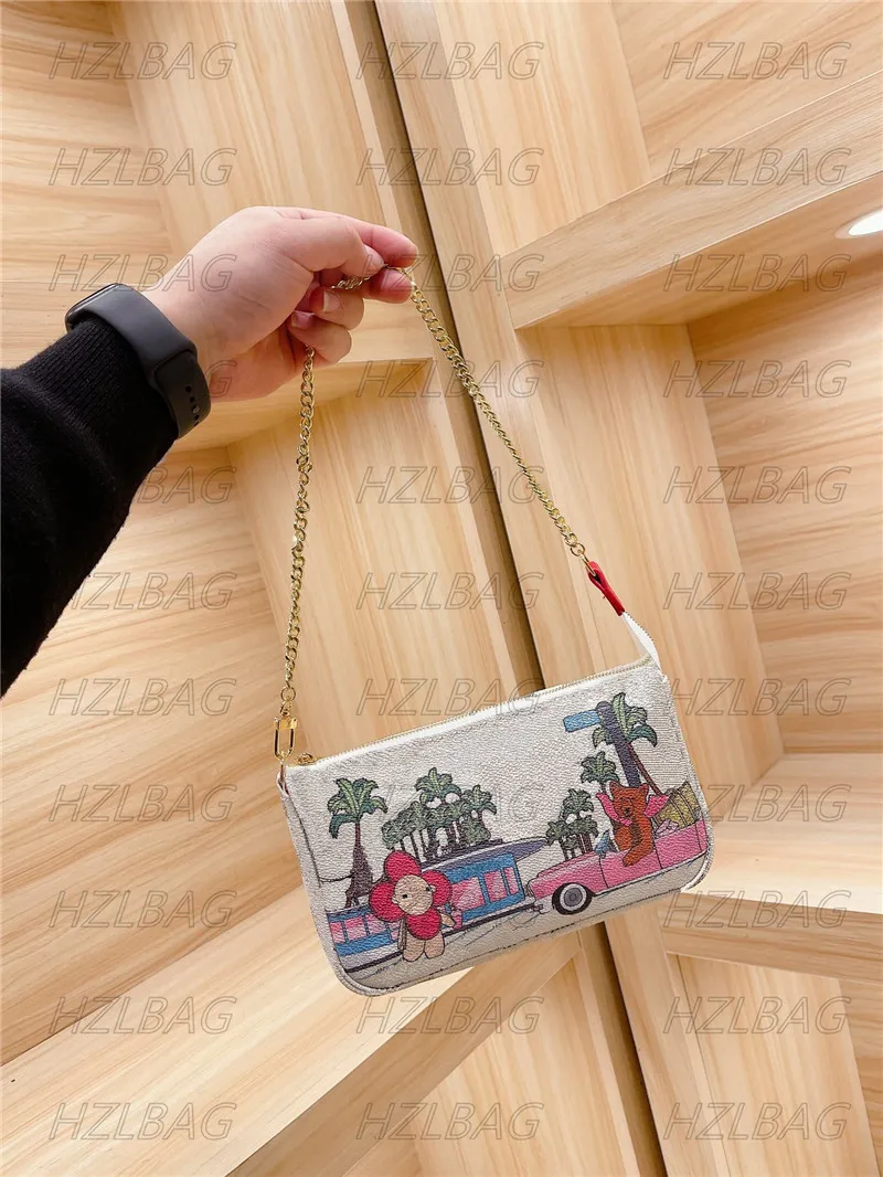 Versatile Zip Pochette Small Shoulder Bags Cherry Blossoms Snowflake Beach Cartoon Pattern Clutch Purse Wallet Mini Chain Bag