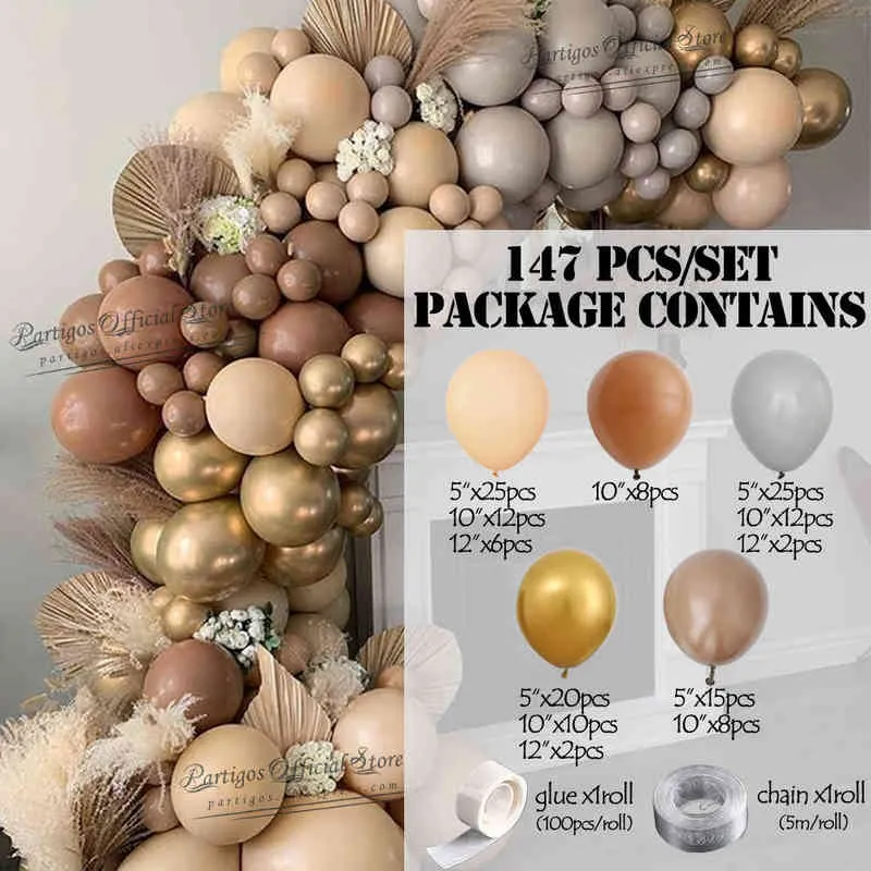 147 stks Cream Coffee Khaki Bruin Kleur Ballonnen Garland Arch Kit Latex Globos Baby Shower Supplies Verjaardag Bruiloft Decors 211216