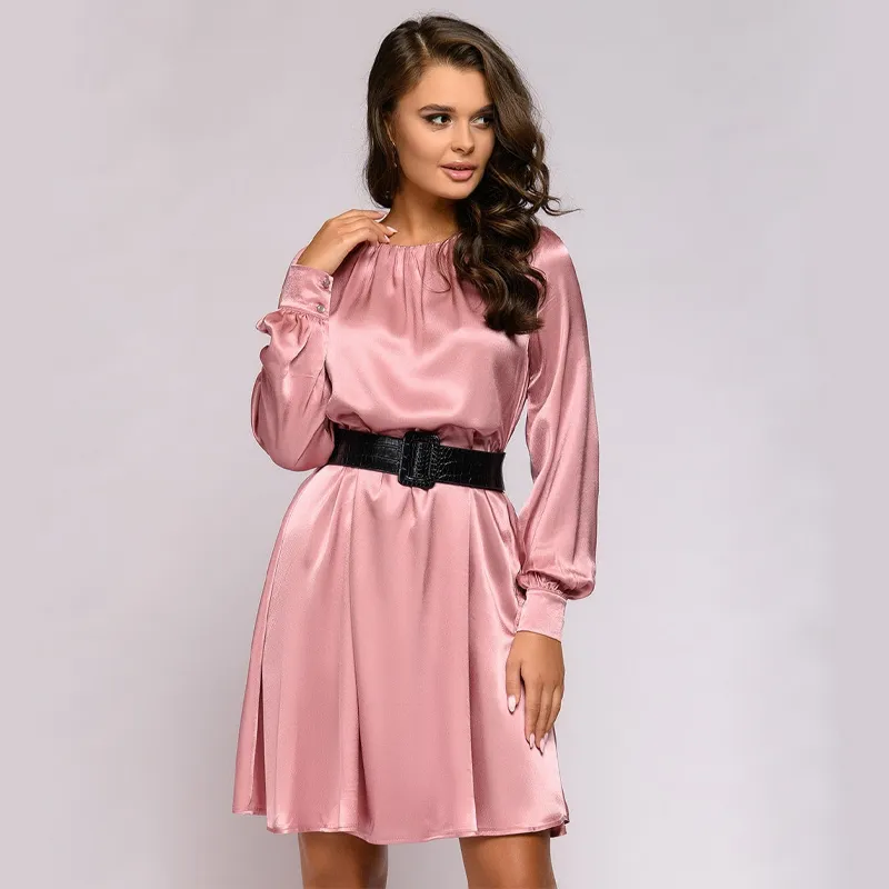 Mini abito da donna in raso rosa moda casual O-collo manica a lanterna abito dritto allentato liscio elegante abito da festa solido autunno