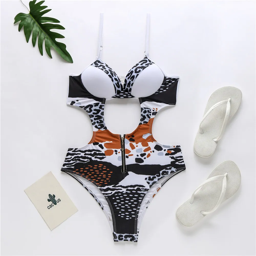 2020 Sexy V-Pescoço Um Peça Swimsuit para Mulheres Leopard Imprimir Push Up Swimwear Bodysuit Monokini Monokini Banhando Fêmea T200708