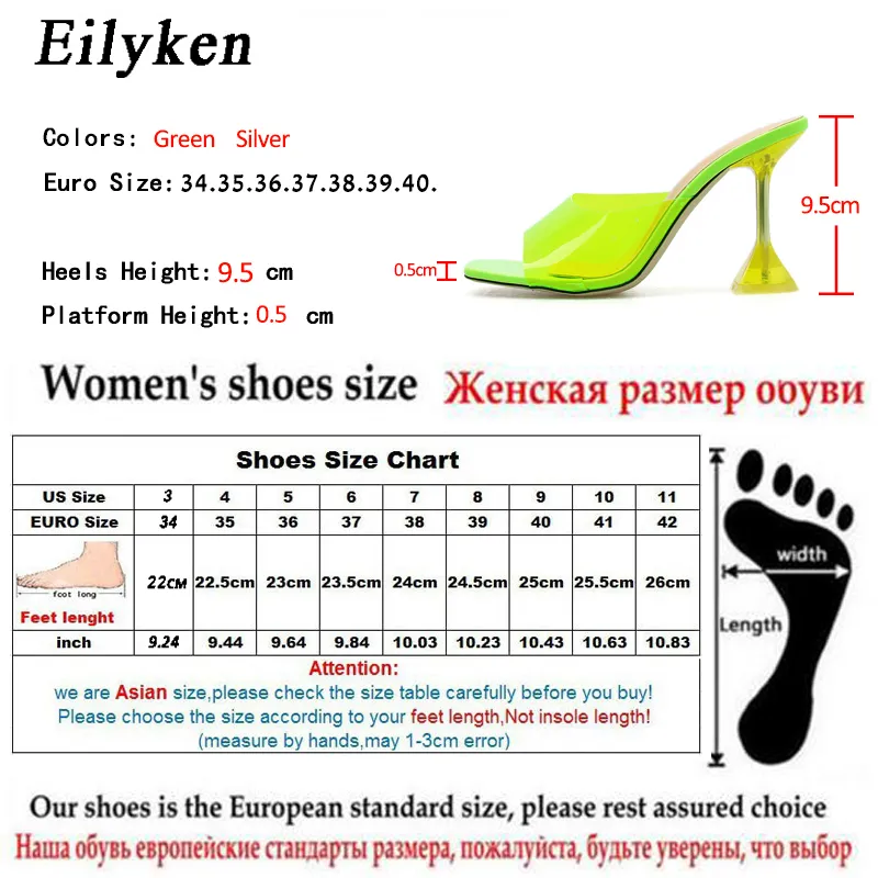 Eilyken Open Toe Silver Green PVC Transparent Tjock Block Högklackat Kvinna Gelé Sandaler Kvinnor Slides Tofflor Mules Skor X1020