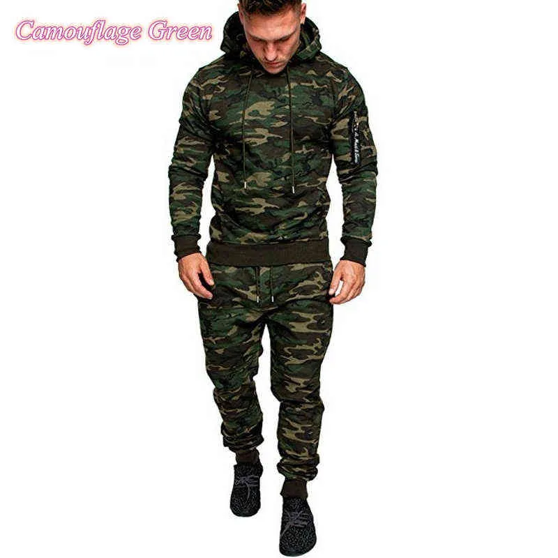 Spor Moda erkek Moda Hoodies Suits Kamuflaj Giyim Stil Ceket Açık Eşofman Setleri / Pantolon / Tops 211222