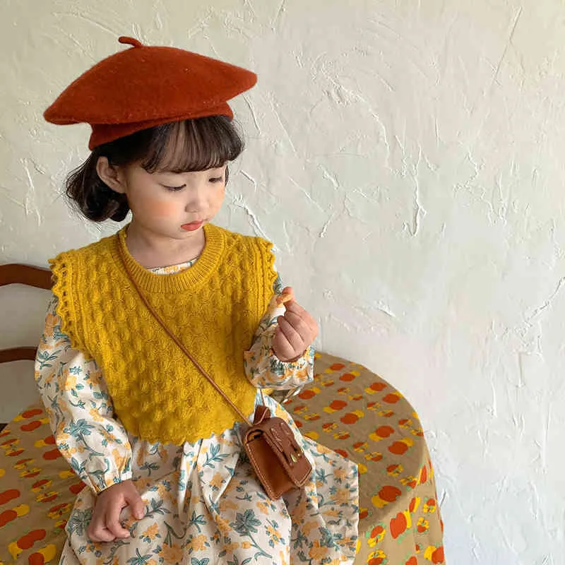 Kids Dress Long Sleeve Girls Vestidos Enfant Princess Dresses And Knitted Vest Toddlers Spring Autumn Floral Clothes 211231