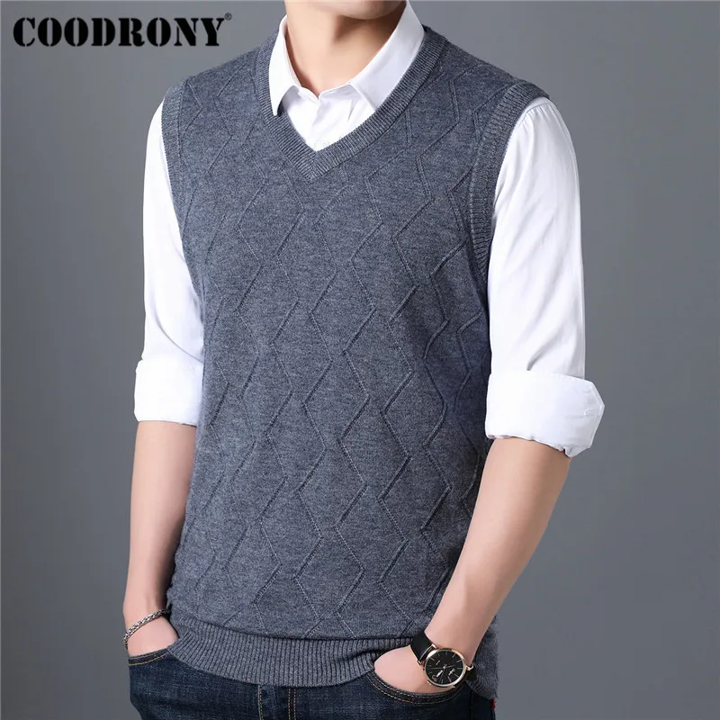 COODRONY hommes chandails automne hiver pull hommes col en v sans manches gilet Pull Homme tricoté cachemire laine pull hommes 91017 201224