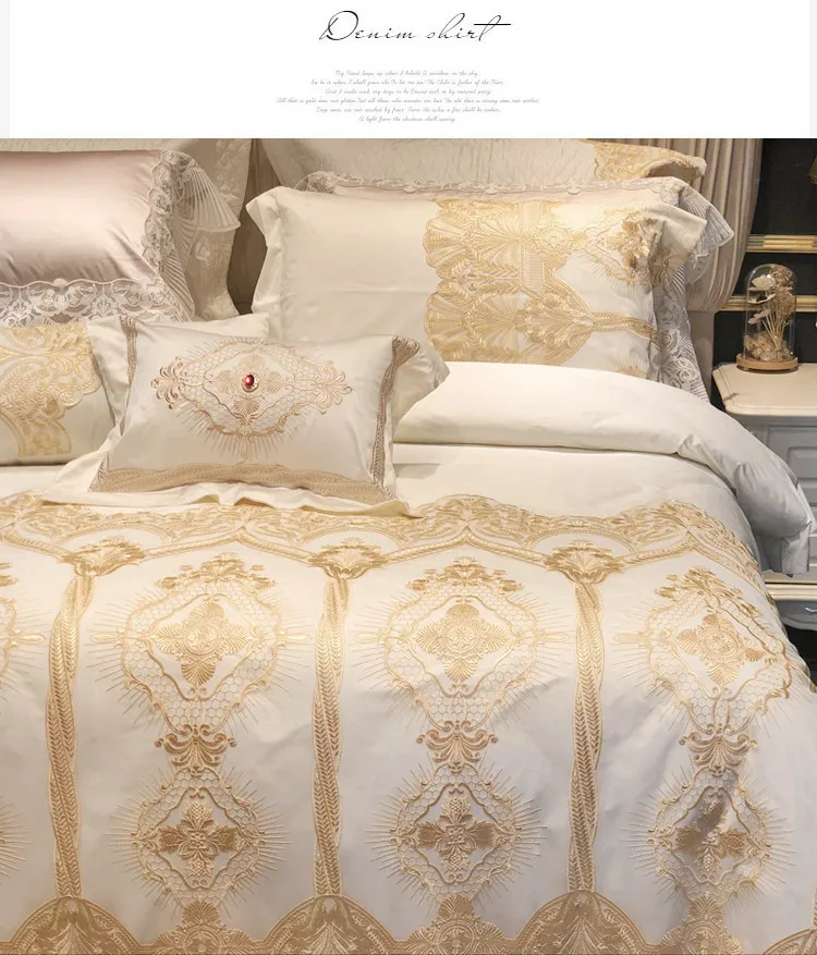 Wide Golden Lace Duvet /Comforter Cover Set Pink White Premium Egyptian Cotton Bedding set Luxury Queen King size Bed sheet set T200706