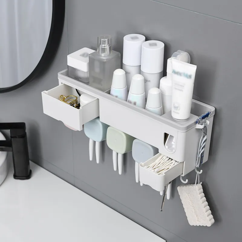 Porte-brosse à dents automatique Porte-dentifrice Squeezer Distributeur avec tasse Support mural Support de rangement Accessoires de salle de bain Set LJ201204