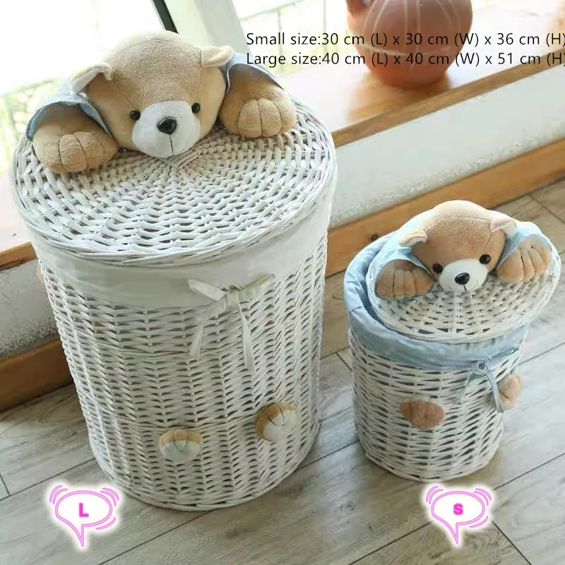 Small & Large laundry basket organizer woven wicker baskets Round Laundry Hamper Sorter Storage Basket with Bear Head Lid cesta LJ294Y