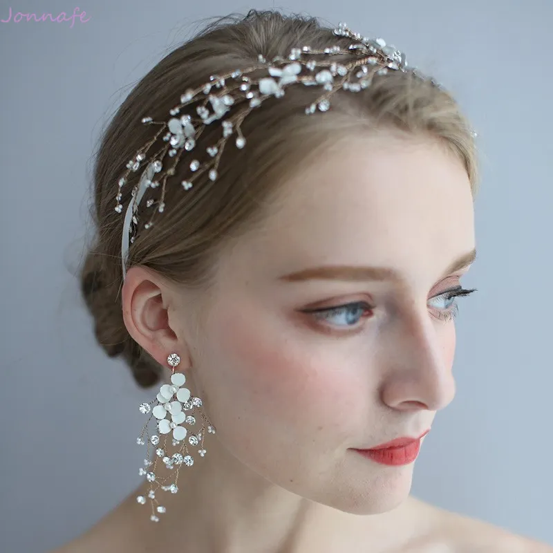 Handmade White Floral Bridal Hair Vine Headband Rhinestone Wedding Accessories Hair Piece Women Party Prom Headpiece J0113