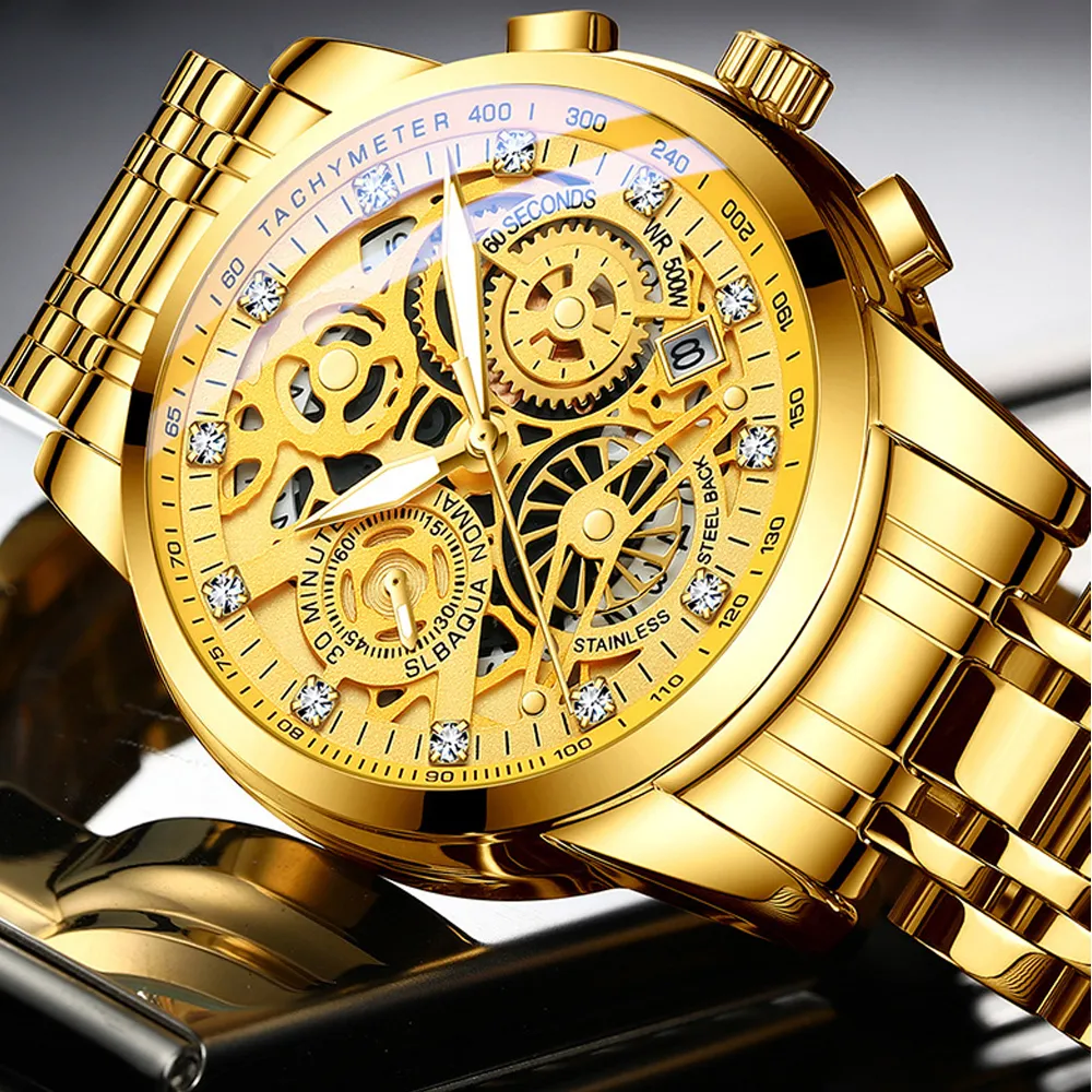 Gold Watches For Men High Quality Full Stainless Steel Quartz movement Sapphire Waterproof Luminous Wristwatches2365