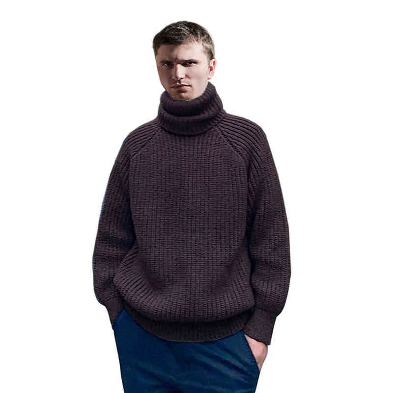 European style Pure hand woven Thickened High neck Winter Sweater high-quality Pullover Sweater Red wine Super cool Sweater men 211221