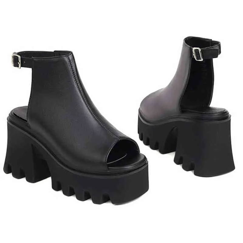 Ribetrini Büyük Boy 45 Satışa Açık Toe Tıknaz Topuklu Toka Strappy Goth Serin kadın Sandalet Siyah Eğlence Rahat Punk Shoes Y220225