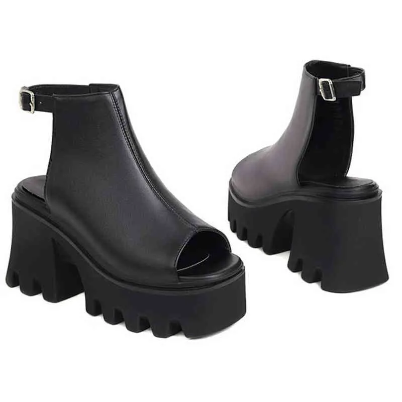 RIBETRINI Big Size 45 On Sale Open Toe Chunky Heels Buckle Strappy Goth Cool women's Sandals Black Leisure Casual Punk Shoes Y220225