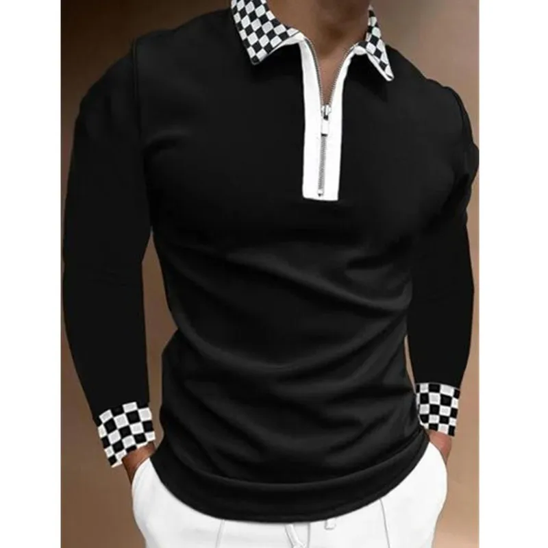 Mode lapptäcke randig långärmad topps manlig casual zip-up turn-down collar polo skjortor vintage casual Men'sslim Pol 220308