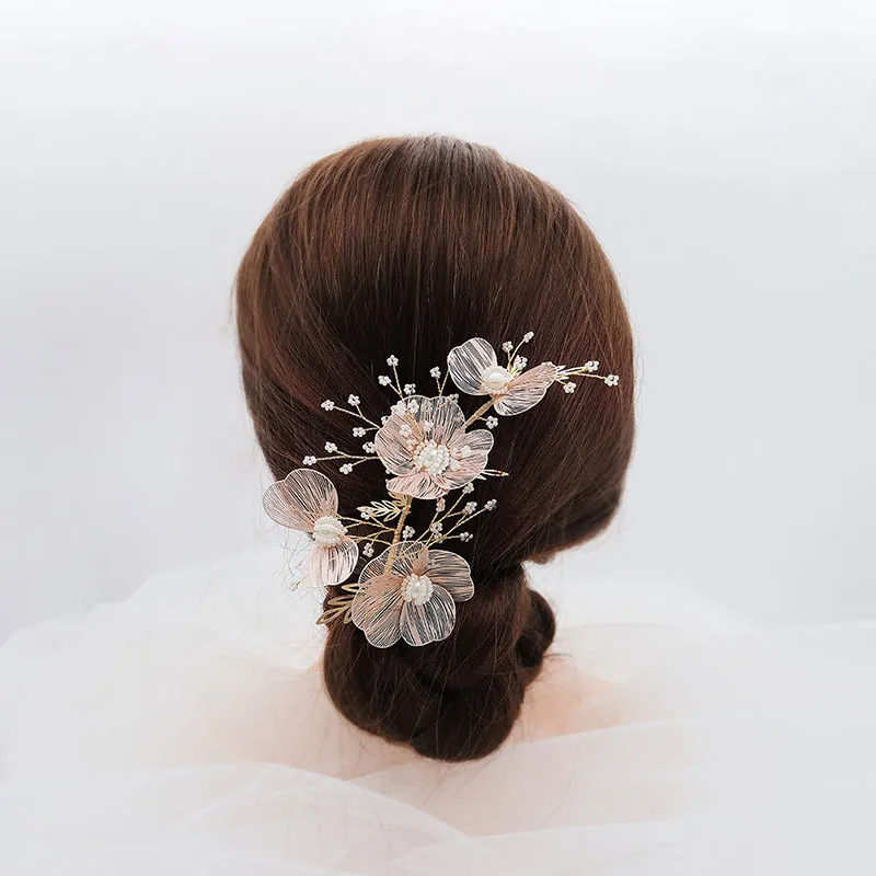 SLBRIDAL Handgemachte Barock Kupfer Blume Perlen Hochzeit Haarschmuck Braut Stirnband Haarspange Haarspangen Set Frauen Schmuck J0114536690