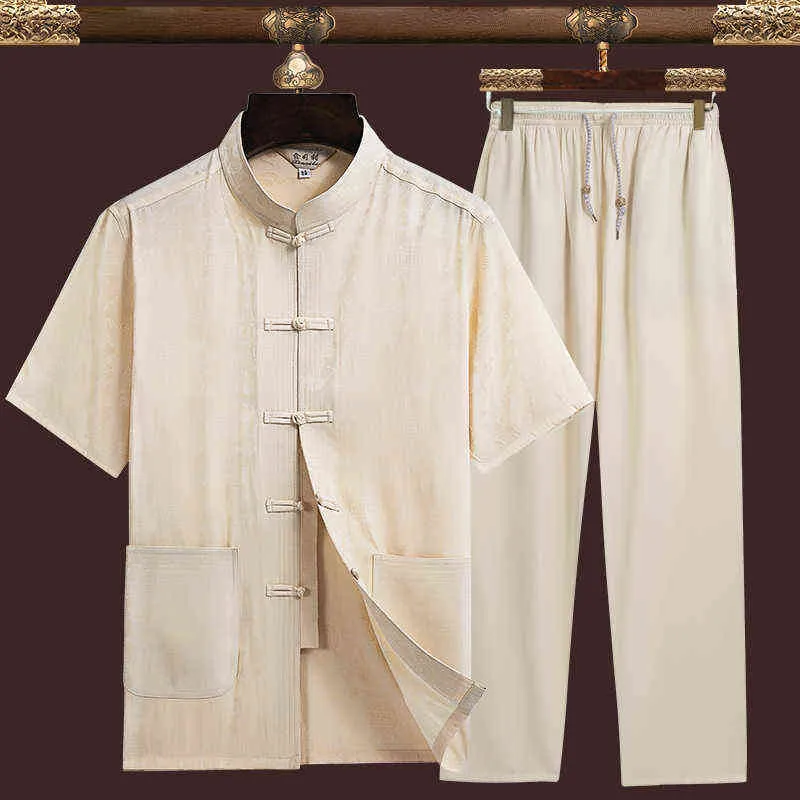 Men Outfit Set 2022 Tang Suit Chinese Style Short-sleeved Shirt + Trousers 2-piece Casual Loose Hanfu Retro Style Men's Clothing G220224