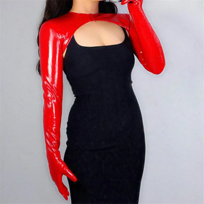 Fem fingrar handskar 2021 latex bolero shine läder faux patent röda topp beskurna axlar långa handskar1292m